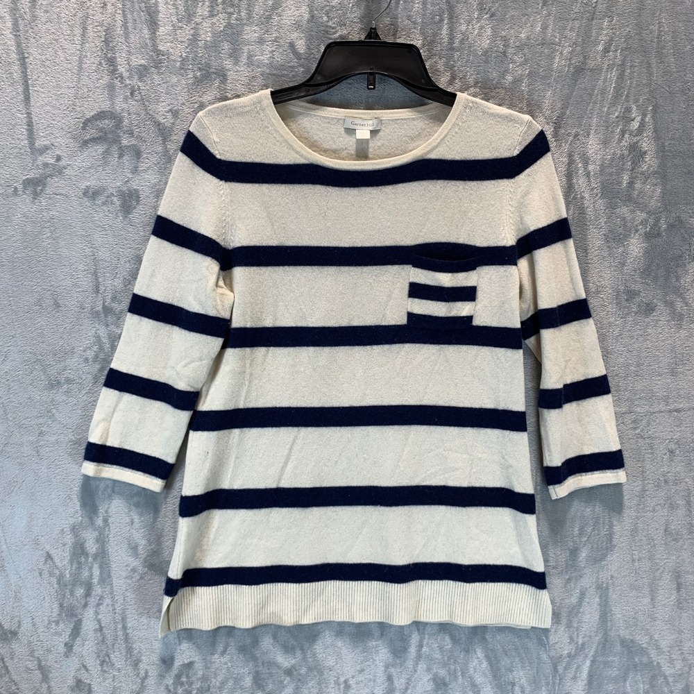 Garnet‎ Hill Women's Sweater M 100% Cashmere Blue Stripe 3/4 Sleeve Nautical